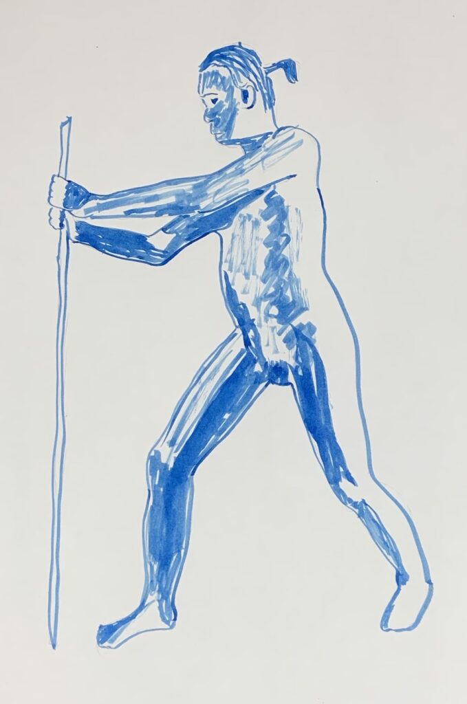 man holding staff from side blue ink