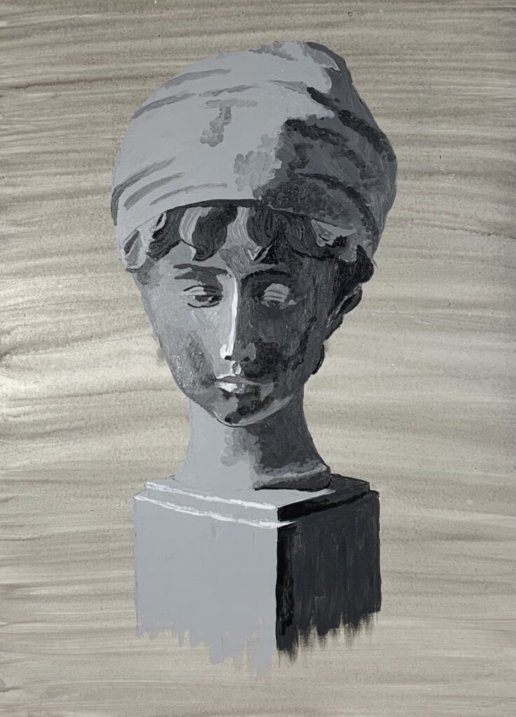 Grayscale painting of a plaster head of a young woman