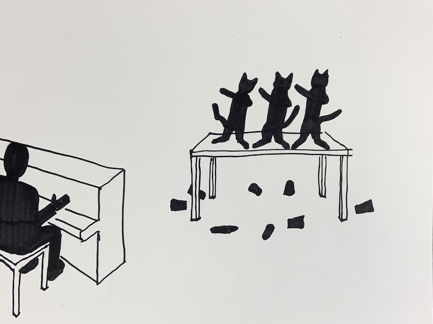 Rough silhouette sketch - cat line table dance