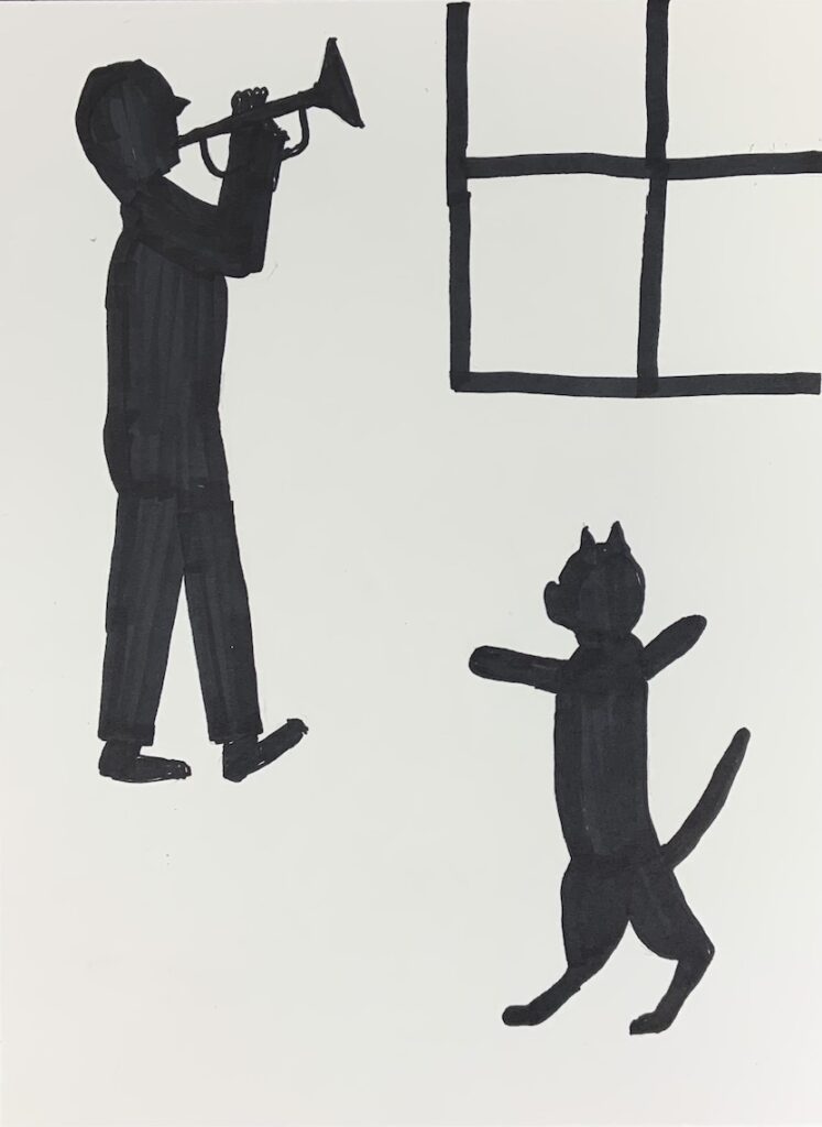 Rough silhouette sketch - trumpet player and cat