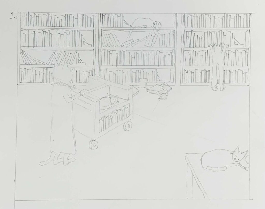 A cat librarian pushing a cart in pencil - rough