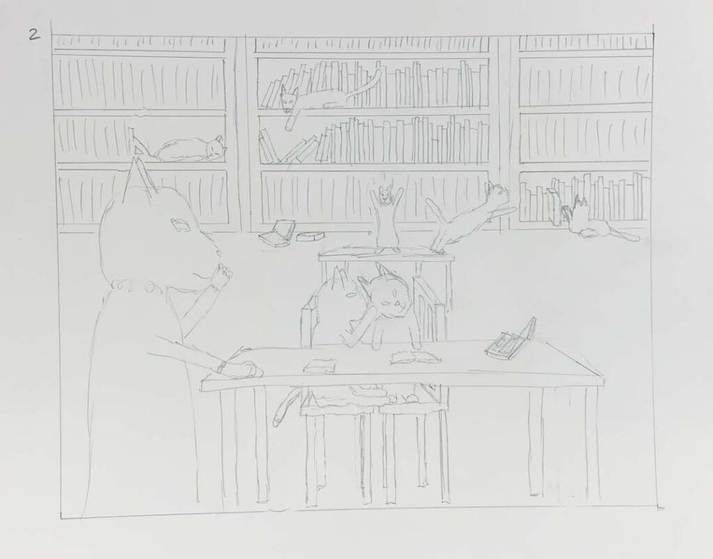 A cat librarian shushing talking patrons - rough