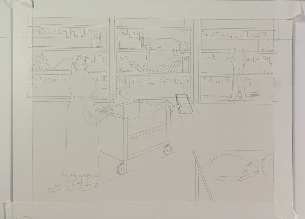 Pencil line drawing of cat librarian pushing a cart