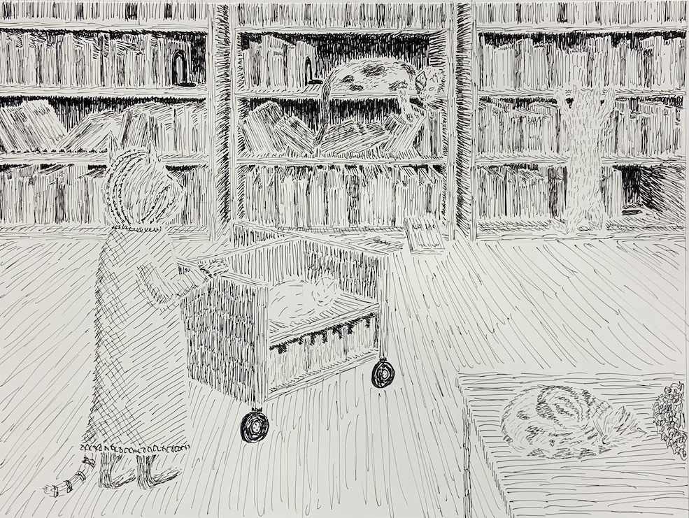 A cat librarian pushing a cart in ink