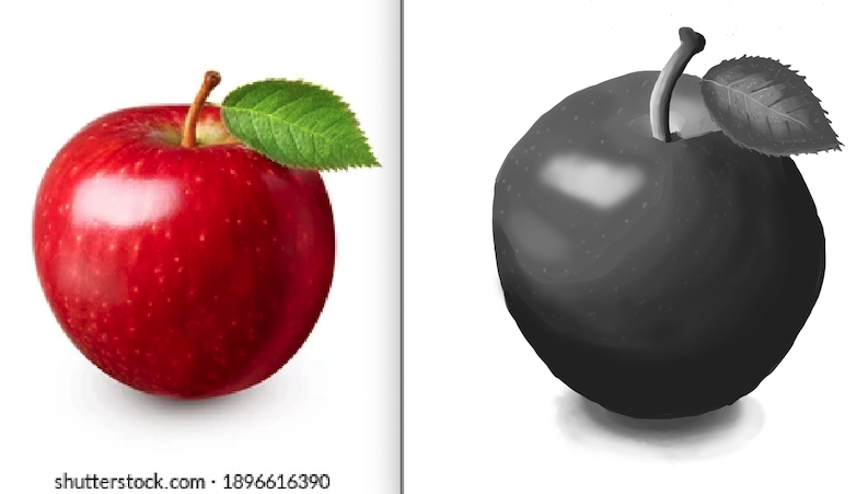 apple and grayscale drawing of apple
